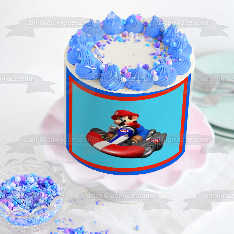 Mario Kart Mario Red Blue Border Edible Cake Topper Image ABPID04092