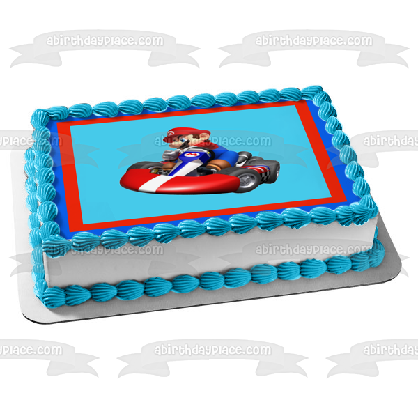 Mario Kart Mario Red Blue Border Edible Cake Topper Image ABPID04092