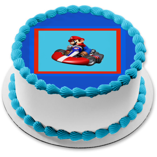 Mario Kart Mario Red Blue Border Edible Cake Topper Image ABPID04092