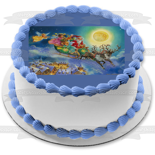 Christmas Santa's Sleigh Reindeer Angels and the Moon Edible Cake Topper Image ABPID04232