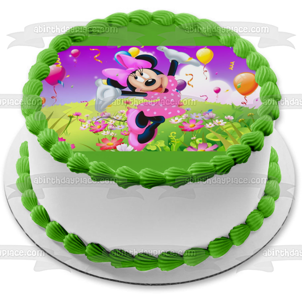 Adorno comestible para tarta con globos y un campo de flores de Minnie Mouse, imagen ABPID04275 