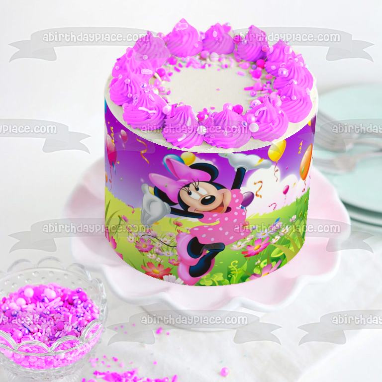 Adorno comestible para tarta con globos y un campo de flores de Minnie Mouse, imagen ABPID04275 