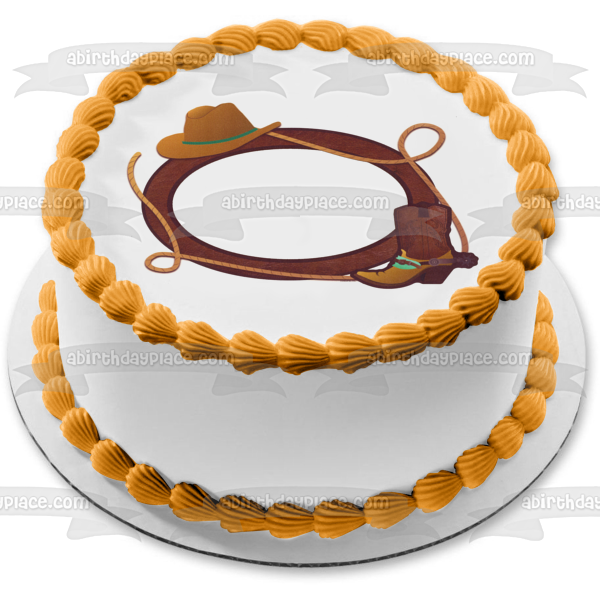 Marco de imagen comestible para decoración de tarta con sombrero de vaquero, botas, lazo y cuerda, ABPID04392 