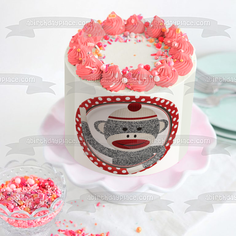 Grey Sock Monkey with a  Red and White Polka Dot Background Edible Cake Topper Image ABPID04517