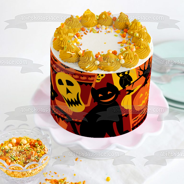 Halloween Black Cat Jack-O-Lantern Skull and Owl Edible Cake Topper Image ABPID04519