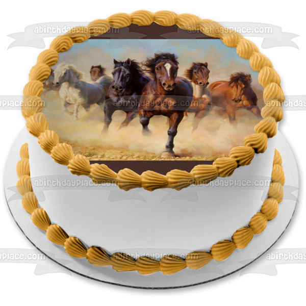 Imagen de decoración comestible para tarta con manada de caballos salvajes, color marrón y crema, ABPID04434 