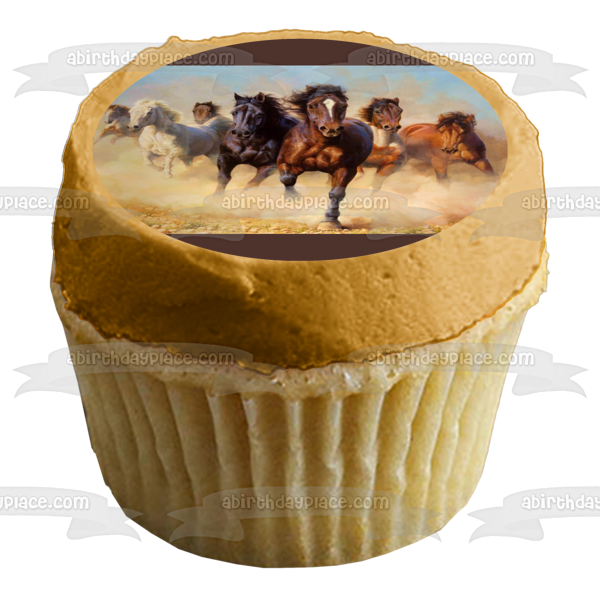 Imagen de decoración comestible para tarta con manada de caballos salvajes, color marrón y crema, ABPID04434 