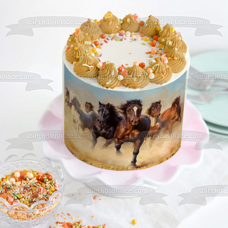 Imagen de decoración comestible para tarta con manada de caballos salvajes, color marrón y crema, ABPID04434 