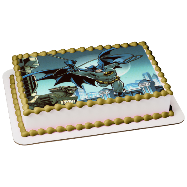 Batman Flying Over Gotham City Moonlight Edible Cake Topper Image ABPID07244