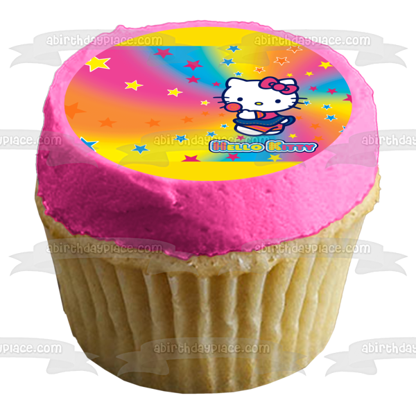 Hello Kitty Candy on a Rainbow Star Spiral Background Edible Cake Topper Image ABPID04557