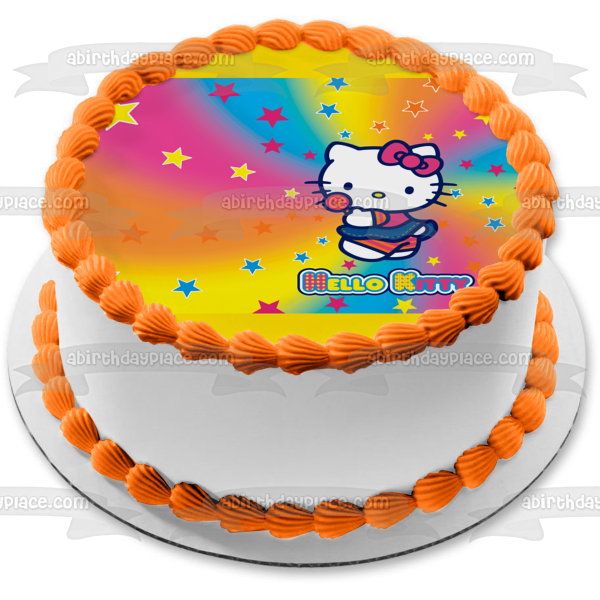 Hello Kitty Candy on a Rainbow Star Spiral Background Edible Cake Topper Image ABPID04557