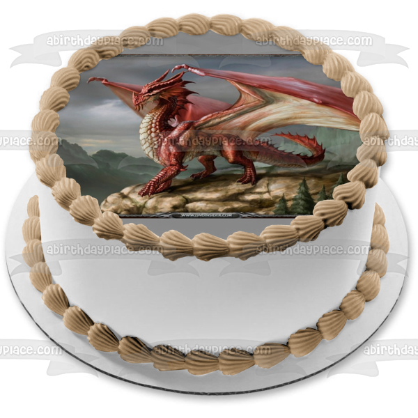 Imagen de adorno comestible para tarta de Dungeons and Dragons, dragón rojo de pie sobre un acantilado, ABPID04481 