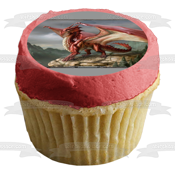 Imagen de adorno comestible para tarta de Dungeons and Dragons, dragón rojo de pie sobre un acantilado, ABPID04481 