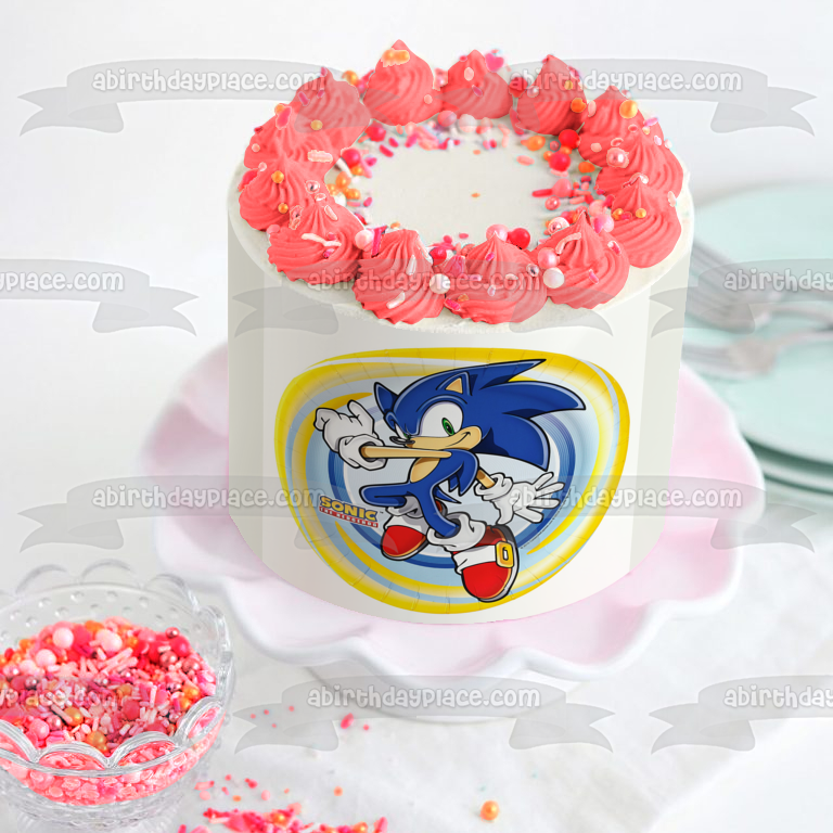 Logotipo de Sonic the Hedgehog Sonic con un fondo en espiral amarillo y azul Imagen comestible para decoración de tarta ABPID04706 