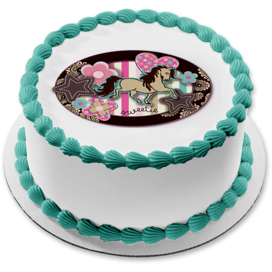 Adorno comestible para tarta con diseño de caballo, corazones, estrellas, flores y cachemiras, imagen ABPID04629 