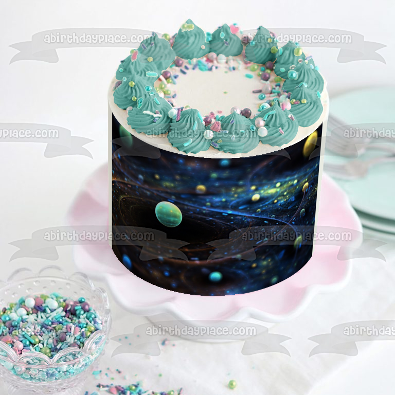 Imagen comestible para decoración de tarta con planetas del espacio exterior, galaxia, ABPID04725 