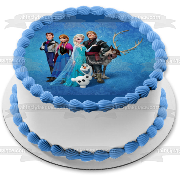Frozen Anna Elsa Olaf Sven Kristoff and a Blue Background Edible Cake Topper Image ABPID04654
