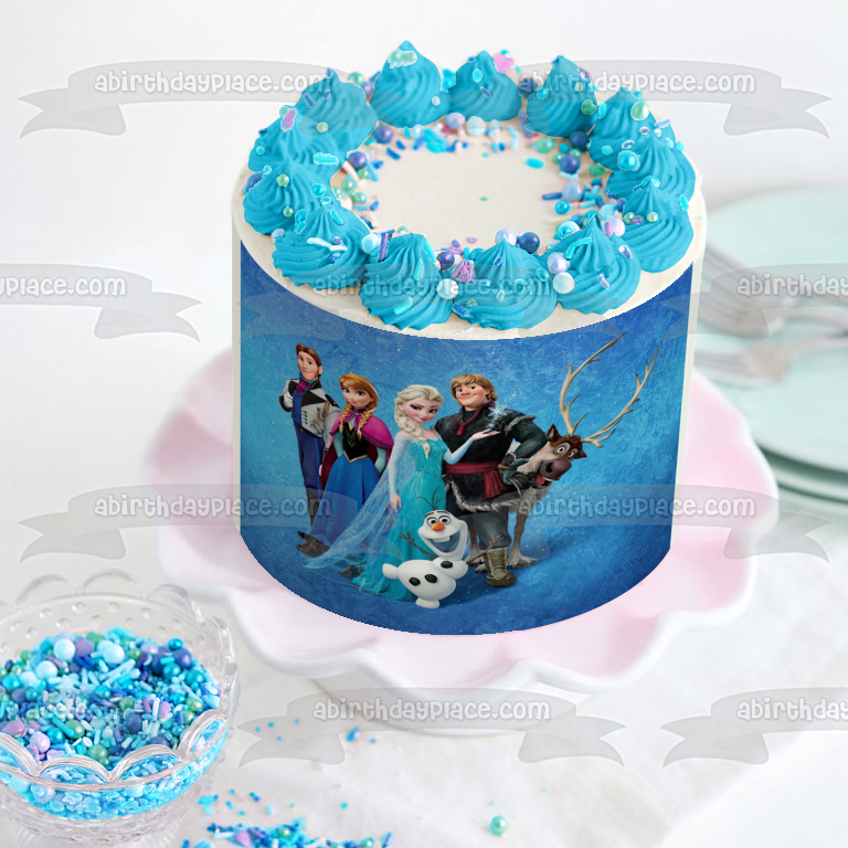 Frozen Anna Elsa Olaf Sven Kristoff and a Blue Background Edible Cake Topper Image ABPID04654