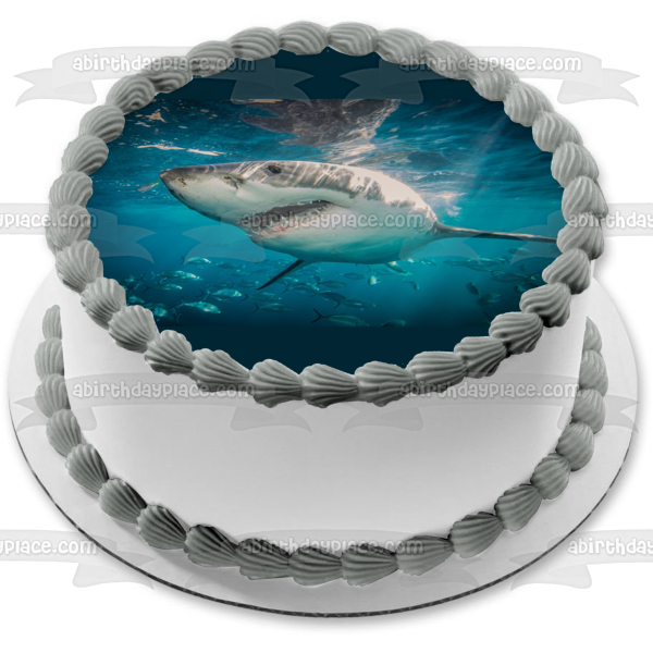 Gran tiburón blanco océano boca abierta dientes afilados decoración comestible para tarta imagen ABPID04665 