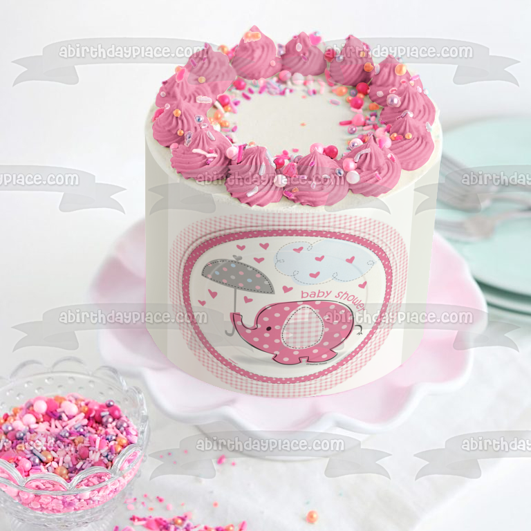 Pink Elephant Umbrella Baby Shower Raining Hearts Edible Cake Topper Image ABPID04689