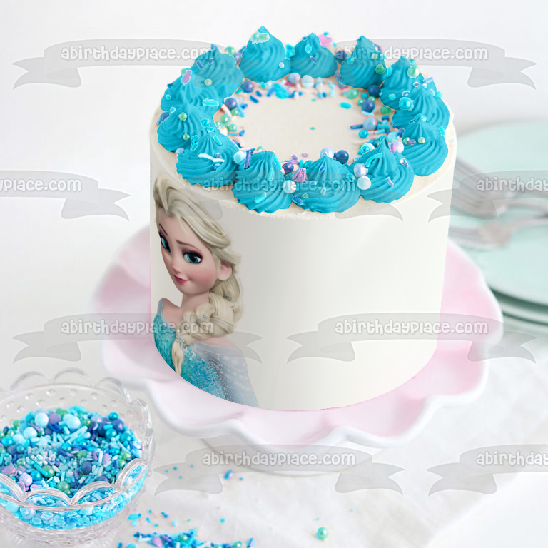 Imagen comestible para decoración de tarta comestible de Elsa de Frozen haciendo nieve con fondo blanco ABPID04792 