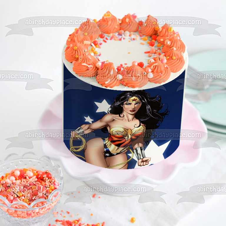 Adorno comestible para tarta de Mujer Maravilla con fondo azul y estrellas blancas Imagen ABPID04837 