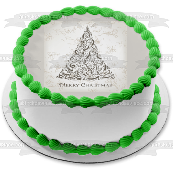 Merry Christmas Paisley Tree Background Scetches Roses Edible Cake Topper Image ABPID04846