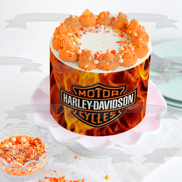 Harley-Davidson Motor Cycles Logo Fondo llameante Imagen comestible para decoración de tarta ABPID04864 