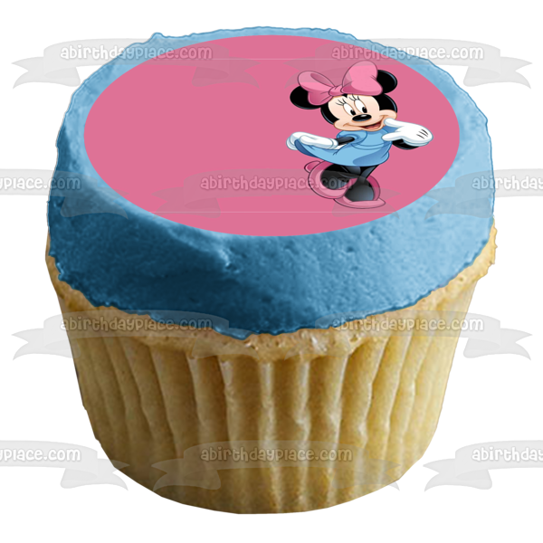 Adorno comestible para tarta con vestido azul de Minnie Mouse y fondo rosa Imagen ABPID04867 