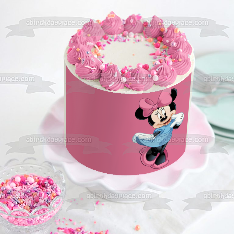 Adorno comestible para tarta con vestido azul de Minnie Mouse y fondo rosa Imagen ABPID04867 