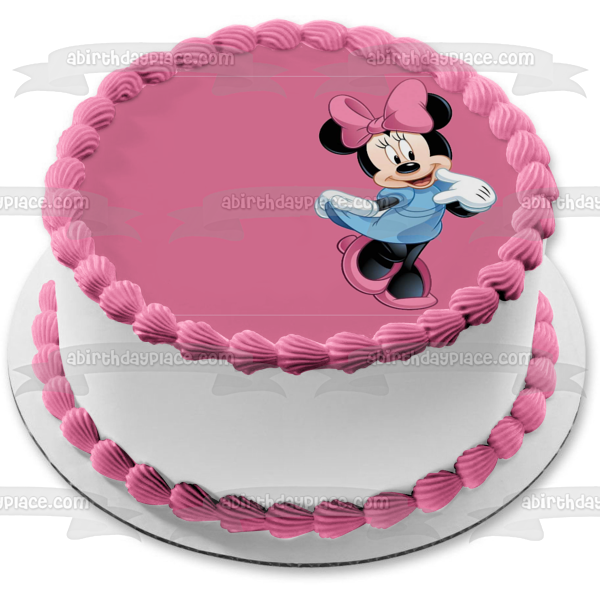 Adorno comestible para tarta con vestido azul de Minnie Mouse y fondo rosa Imagen ABPID04867 