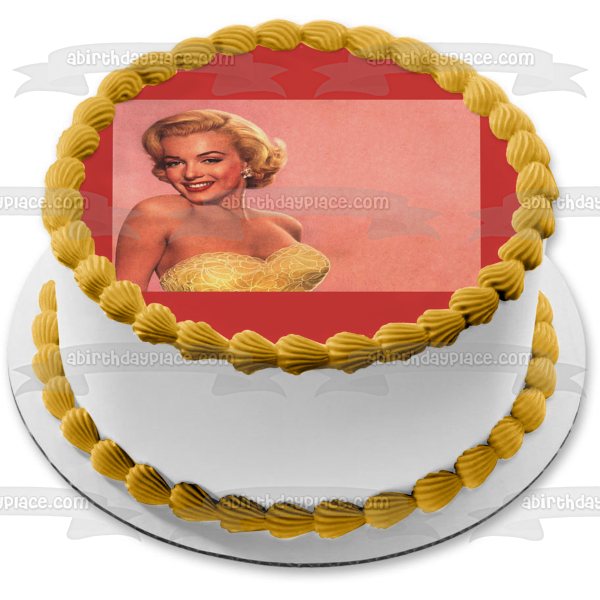 Marilyn Monroe Wearing a Gold Dress with a Pink Background Edible Cake Topper Image ABPID04988