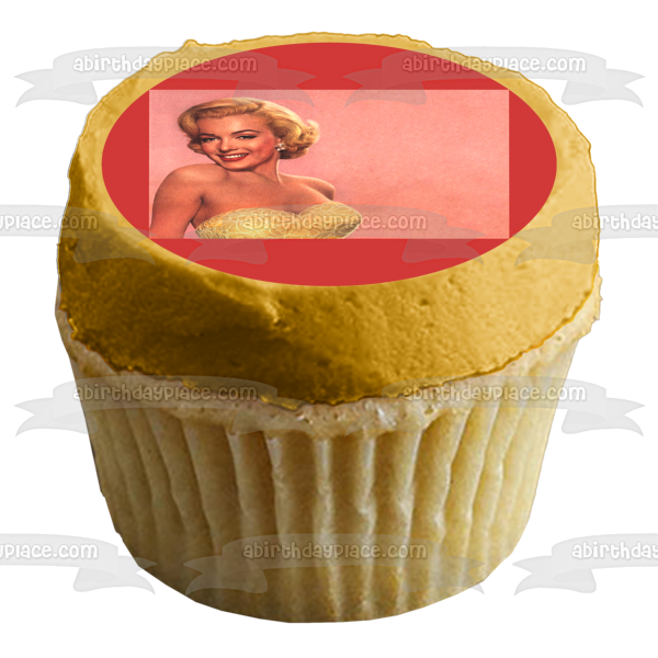 Marilyn Monroe Wearing a Gold Dress with a Pink Background Edible Cake Topper Image ABPID04988