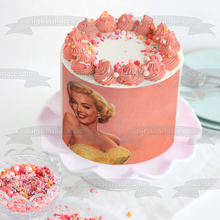 Marilyn Monroe Wearing a Gold Dress with a Pink Background Edible Cake Topper Image ABPID04988