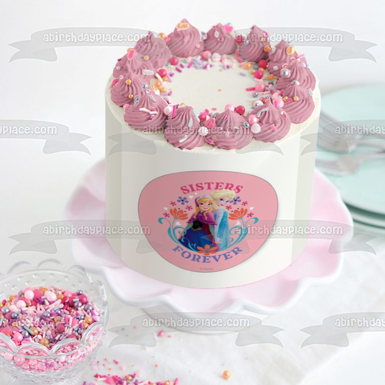 Imagen de decoración comestible para tarta de Frozen Anna Elsa Sisters Forever con flores ABPID04995 