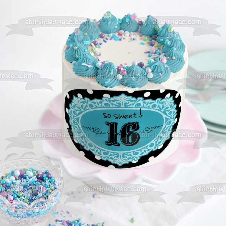 Happy Birthday Sweet 16 Blue Background Edible Cake Topper Image ABPID05001