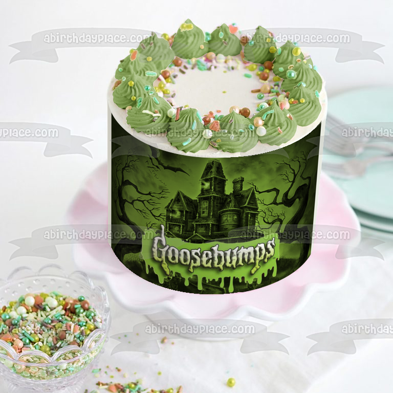 Imagen de decoración comestible para tarta con castillo encantado de murciélagos y árboles aterradores, piel de gallina, ABPID05028 