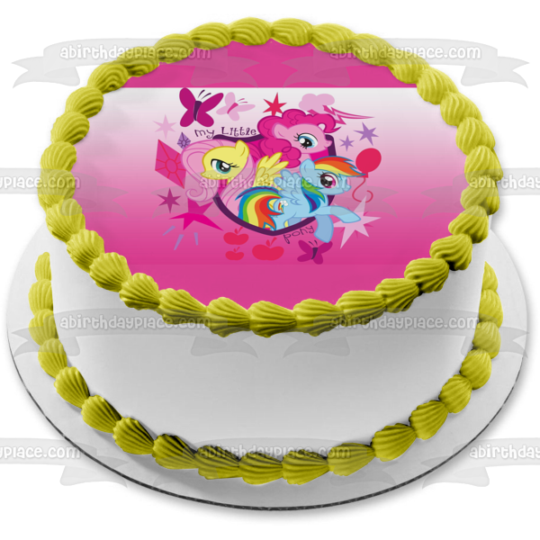 Adorno comestible para tarta My Little Pony Equestria Girls Rainbow Dash Fluttershy Pinkie Pie y mariposas Imagen ABPID05121 