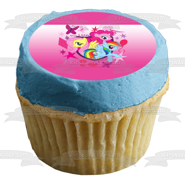 Adorno comestible para tarta My Little Pony Equestria Girls Rainbow Dash Fluttershy Pinkie Pie y mariposas Imagen ABPID05121 