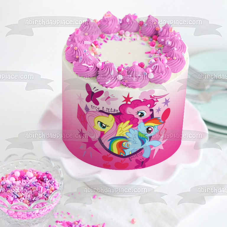 Adorno comestible para tarta My Little Pony Equestria Girls Rainbow Dash Fluttershy Pinkie Pie y mariposas Imagen ABPID05121 