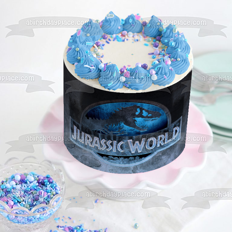 Jurassic World Logo and an  Indominus Rex Edible Cake Topper Image ABPID05054