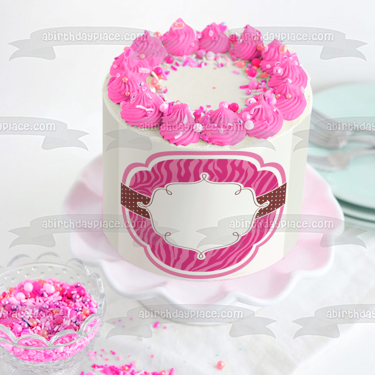 Marco de imagen comestible para decoración de tarta con lunares y rayas de cebra rosa ABPID05333 