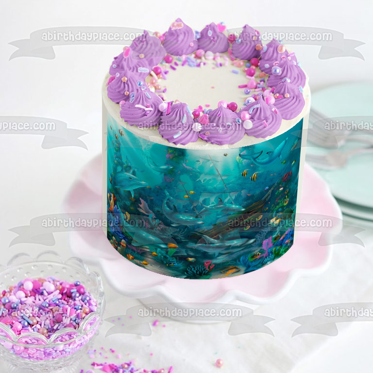 Bajo el mar, delfines, peces y un naufragio, decoración comestible para tarta, imagen ABPID05266 