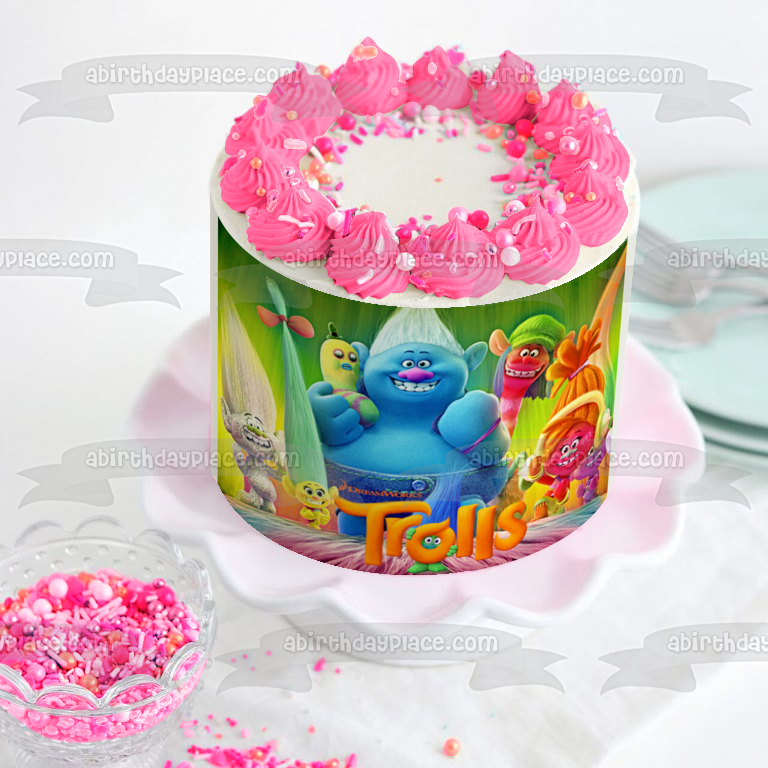 Trolls DJ Suki Smidge Satin Cooper Guy Diamond y Biggie Decoración comestible para tarta Imagen ABPID05277 