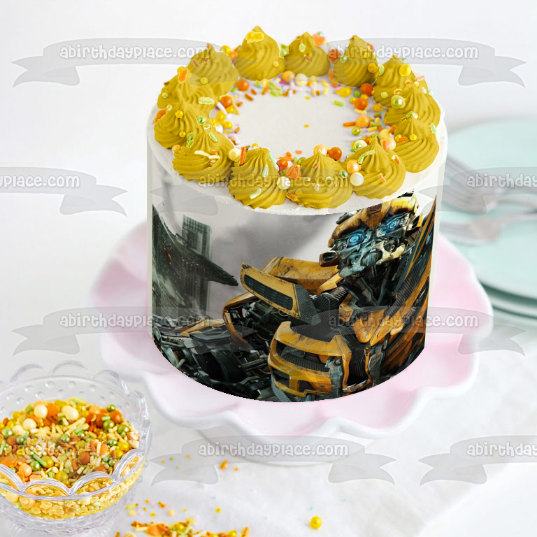 Transformers Bumblebee and a Burning Building Edible Cake Topper Image ABPID05513