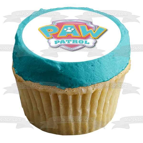 Adorno comestible para tarta con el logotipo de Paw Patrol en azul pastel y rosa, imagen ABPID05403 