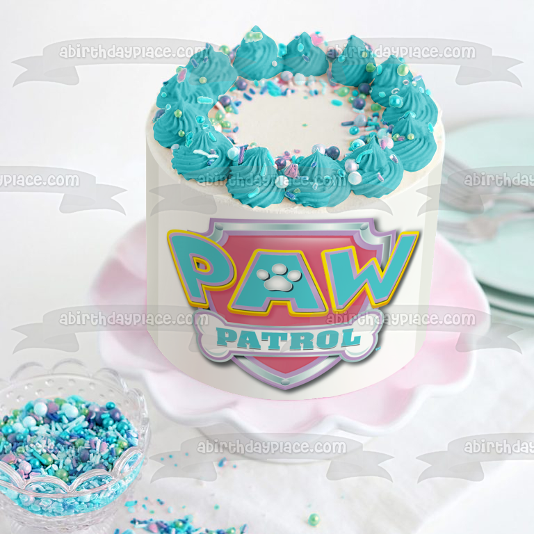 Adorno comestible para tarta con el logotipo de Paw Patrol en azul pastel y rosa, imagen ABPID05403 