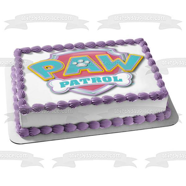 Adorno comestible para tarta con el logotipo de Paw Patrol en azul pastel y rosa, imagen ABPID05403 