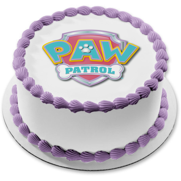 Adorno comestible para tarta con el logotipo de Paw Patrol en azul pastel y rosa, imagen ABPID05403 