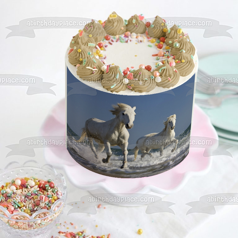 Imagen de decoración comestible para tarta de caballos blancos corriendo en agua ABPID05551 